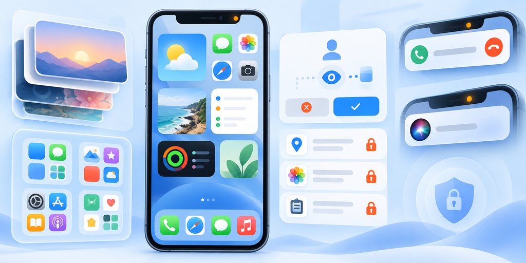 iOS 14主屏幕小组件与App资源库界面示意
