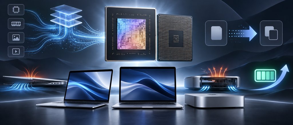 苹果M1芯片与新款MacBook外观示意